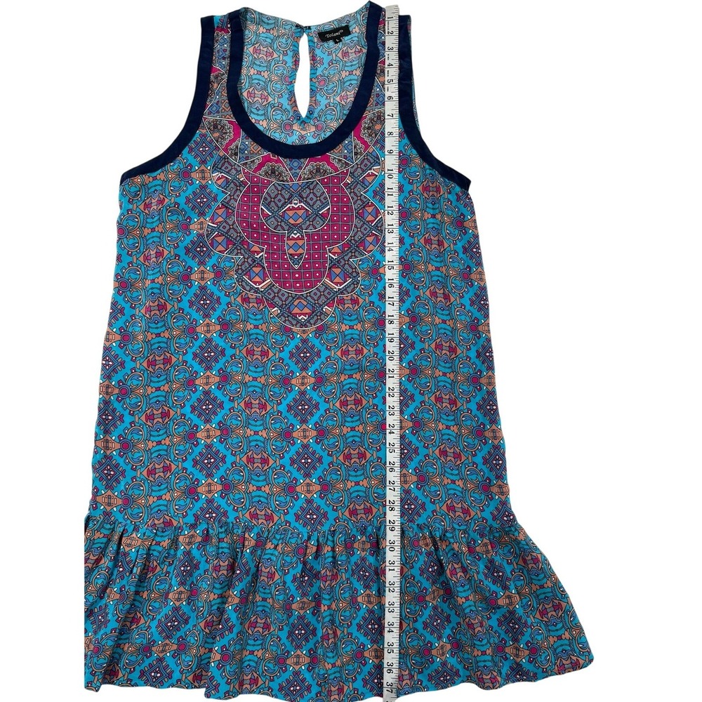 Tolani Womens Blue Silk Geometric Medallion Ruffle Hem Sleeveless Tunic Top L 94 - Picture 9 of 9